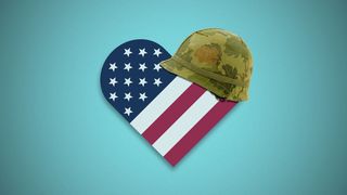 미국 국기 심장에 군인의 헬멧의 그림.